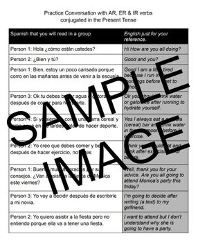 Preview of Practice Conversation with AR, ER & IR verbs conjugated in the Present Tense