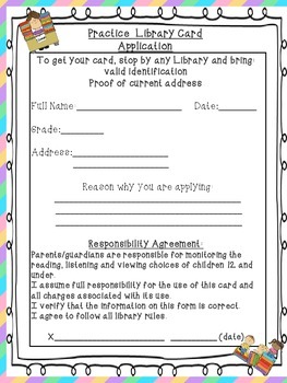 Preview of Practice Library Card Application Summer Reading