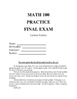 Preview of Practice Math 100 Final Exam with Answers Provided