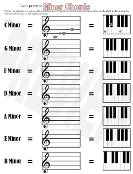Preview of Practice Minor Chords Worksheet - Finding Chords in Treble Clef and Keyboard