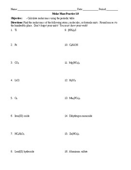 Preview of Practice - Molar Mass Worksheet 1.0