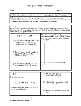 Preview of Quadratic Function Word Problems -- Differentiated Worksheet