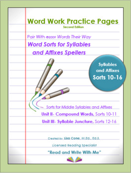 Preview of Word Work Practice Pages Words Their Way Syllable & Affixes(Juncture) Sorts10-16