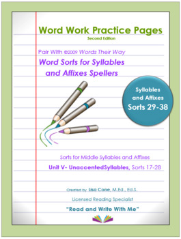 Preview of Word Work Practice Pages Words Their Way Syllable & Affixes(Juncture) Sorts29-38