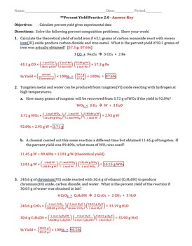 Practice Percent Yield Worksheet 2 0 Answer Key by The Chem Teacher