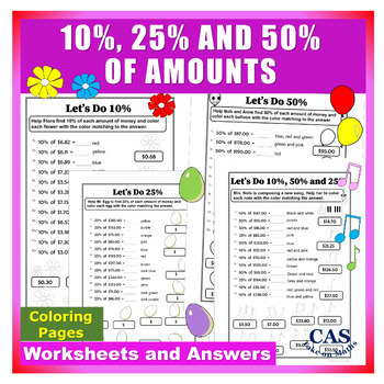 Preview of Practice Percentages & Coloring Pages - Calculating 10%, 25% & 50% of Amounts