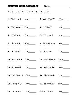 Practice Solving for Variables Worksheet by Amber Mealey | TpT