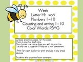 Practice Work:  Letter Hh, Numbers 1-10, color words RYBG