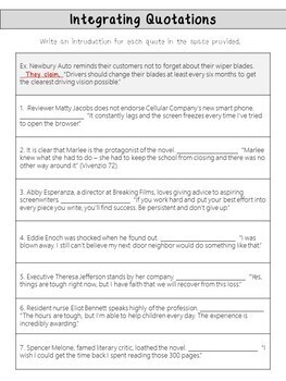 Practice Worksheets for Integrating Quotations by ...