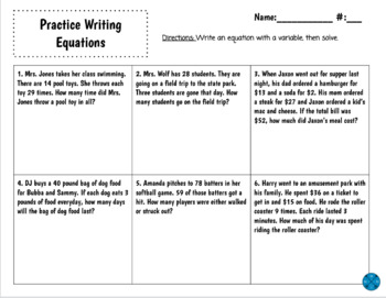 Preview of Practice Writing Equations