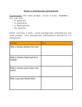 Preview of Practice Writing Hooks & Background Information