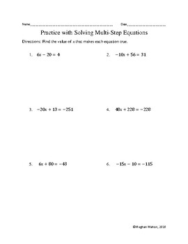 Practice with Solving Two-Step Equations (Grade Seven) | TpT