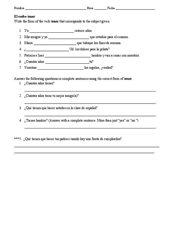 Tener To Have Worksheet Answers