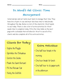 Preview of Practicing Time Management and Scheduling - Veterinarian Themed