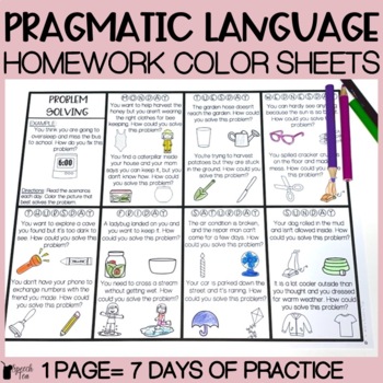 Preview of Pragmatic Language Homework Color Sheets for Speech Therapy