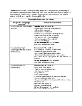 Preview of Pragmatic Language Inventory of Skills Checklist / Template for SLP Evaluations