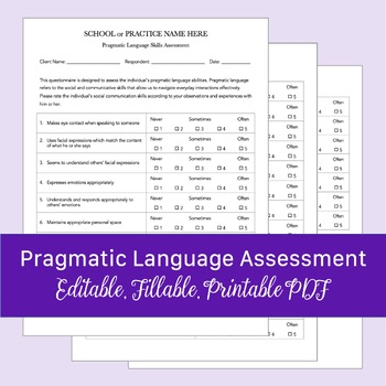 Preview of Pragmatic Language Skills Assessment for Speech Therapy | Fillable PDF