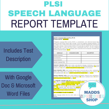 Preview of Pragmatic Language Skills Inventory PLSI Speech-Language Report Template