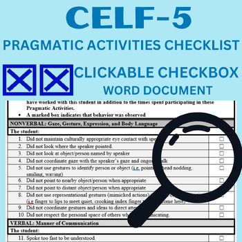 Preview of Pragmatics Activities Checklist, CELF-5 CLICKABLE CHECKBOX Form