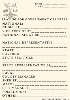 Preview of Praying for Government Officials National, State & Local Fill In The Blank