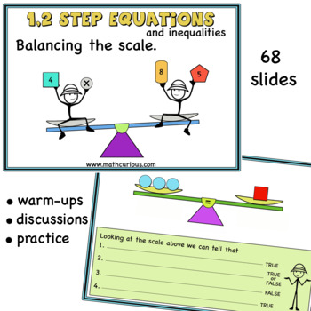 Preview of Algebra 1, 2 steps Equations Inequalities Balancing the scale Google slides