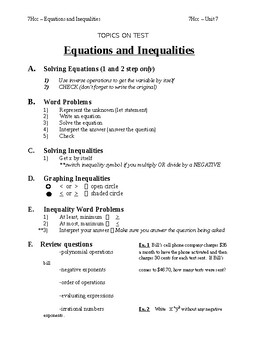 Preview of Pre Algebra (7H-8Math) - EQUATIONS and Inequalities -  REVEIW for Test -(Unit 6)