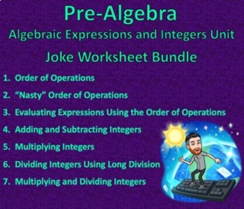 Preview of Pre-Algebra - Algebraic Expressions and Integers Unit Joke Worksheet Bundle
