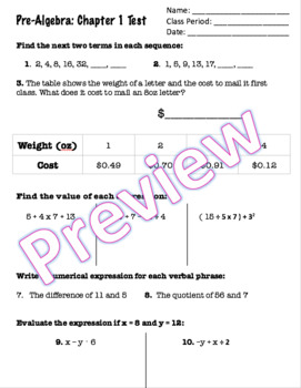 Preview of Pre Algebra Chapter 1 Test Editable with ANSWER KEY