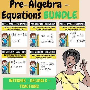 Preview of Pre-Algebra - Equations Bundle : One and two Step Equations  Worksheet