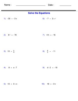 Pre-Algebra - Equations - One Step Equations Containing Integers Worksheets