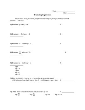 Preview of Pre-Algebra Evaluating Expressions Quiz with Answer Key