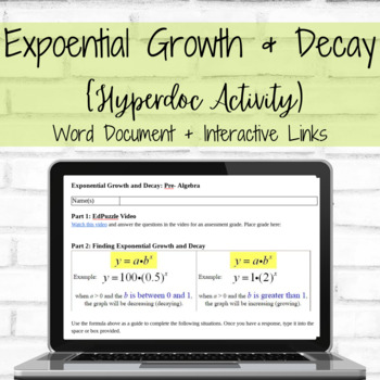 Preview of Exponential Growth and Decay Hyperdoc Activity
