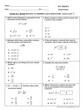Pre-Algebra Final Exam by All Things Algebra | Teachers Pay Teachers