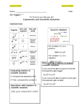 Preview of Pre - Algebra - Final Exam REVIEW #2 - Exponents and Scientific Notation (7H/8R)