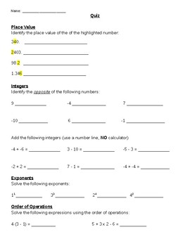 Preview of Pre-Algebra/Fundamentals of Algebra Mini Quiz (MODIFIED FOR DIVERSE LEARNERS)
