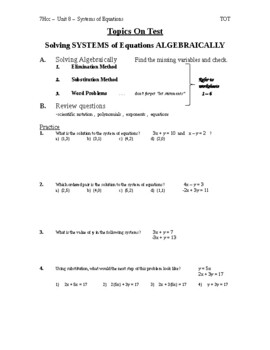 Preview of Pre Algebra (Honors)- REVIEW for SYSTEMS ALGEBRAICALLY  (Unit 8)