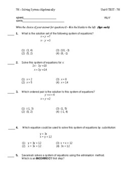 Preview of Pre Algebra (Honors)- TEST on SYSTEMS of Equations ALGEBRAICALLY  (Unit 8)