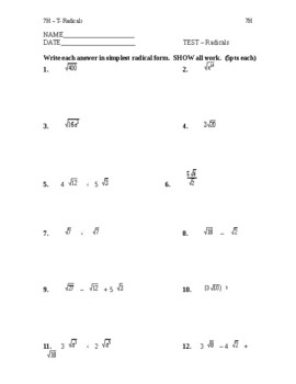 Preview of Pre Algebra (Honors)- TEST on Simplifying Radicals (Unit 7)