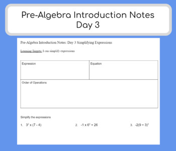 Preview of Pre-Algebra Introduction Notes Day 3