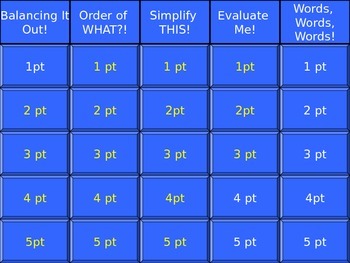 2023 Solving equations jeopardy topics: total 