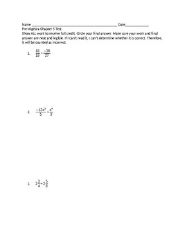 Preview of Pre-Algebra Math Test (fraction operations and equations)