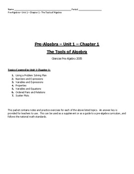 Preview of Pre-Algebra Notes - Chapter 1 - The Tools of Algebra