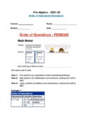 Pre-Algebra Order of Operations/ PEMDAS Homework or Classw