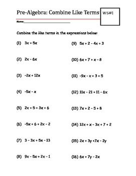 Preview of Pre-Algebra Practice Worksheet: Combine Like Terms