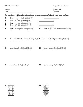 Preview of Pre Algebra - QUIZ REVIEW for Graphing Lines