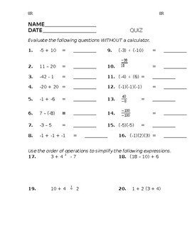 Preview of Pre Algebra - QUIZ on Integer Operations and PEMDAS