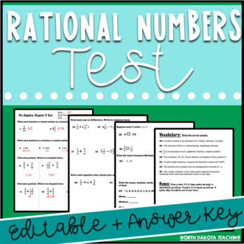 Preview of Pre-Algebra Rational Numbers Test: Editable with Answer Key Chapter 5