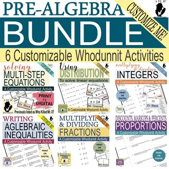 Preview of Pre-Algebra Scavenger Hunt BUNDLE! SIX Customizable Mystery Activities