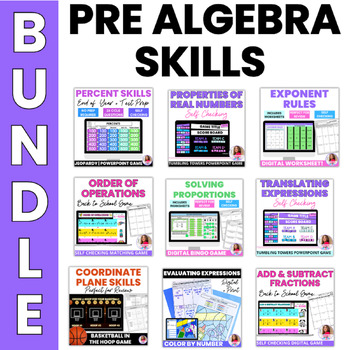 Preview of Pre Algebra Skills Activities Bundle Middle School Math Fun Review Test Prep