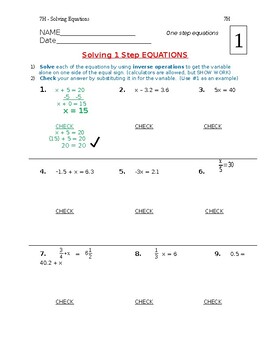 Preview of Pre Algebra - Solving 1 and 2 step equations